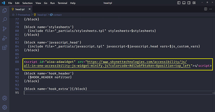 Add the widget code at the prestashop footer