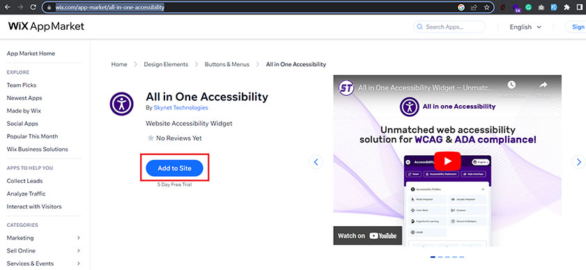 Add to site button wix