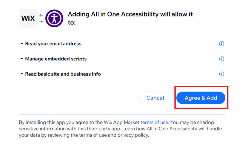 Agree add button wix