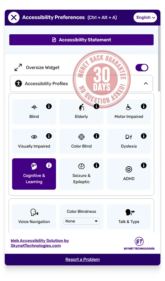 all in one accessibility preferences menu with money back guarantee stamp