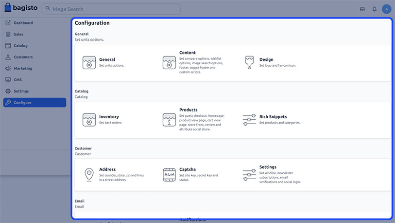 Screenshot of bagisto 2.0 configuration in single page