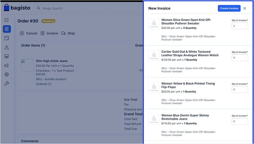 Screenshot of bagisto 2.0 invoice creation