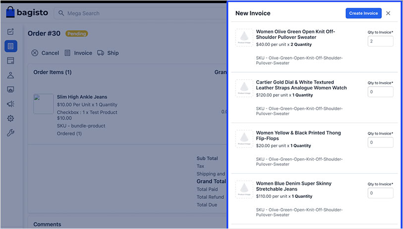 Screenshot of bagisto 2.0 invoice creation