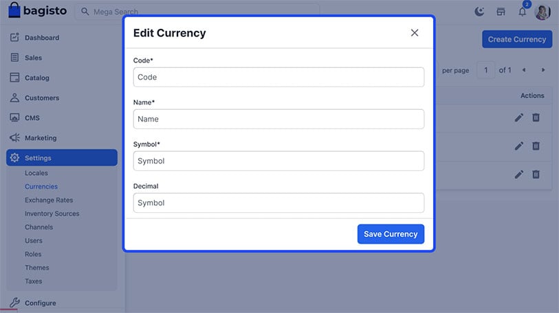 Screenshot of bagisto 2.0 manage currency in container