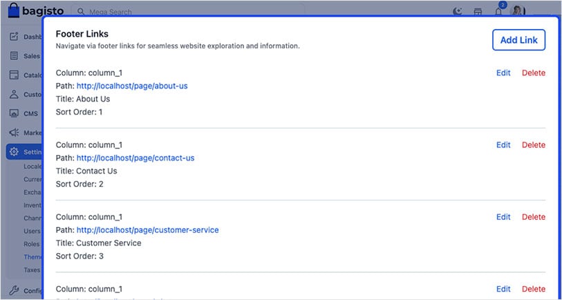 Screenshot of bagisto 2.0 manage footer links