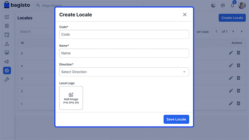 Screenshot of bagisto 2.0 manage locale in container