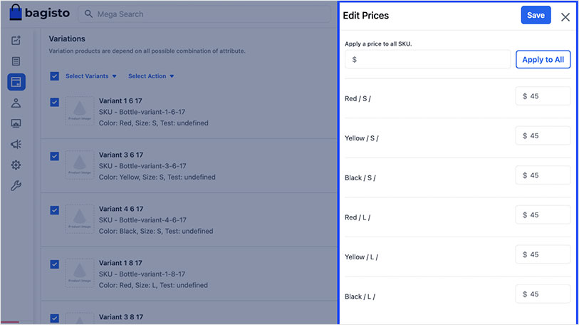 Screenshot of bagisto 2.0 mass action on product variant configurable products