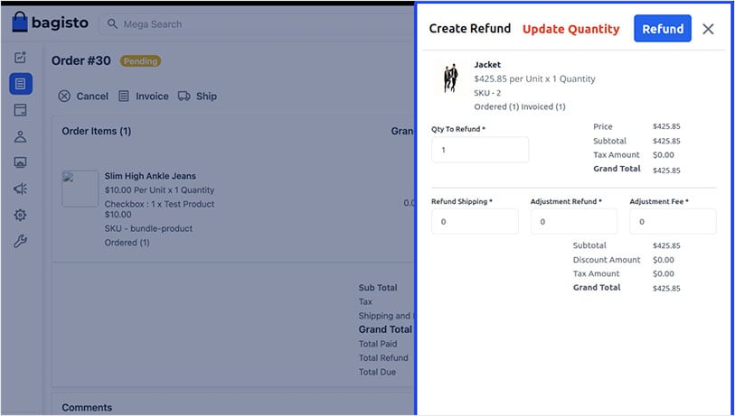 Screenshot of bagisto 2.0 refund creation