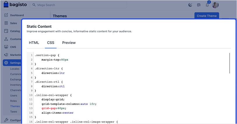 Screenshot of bagisto 2.0 write CSS