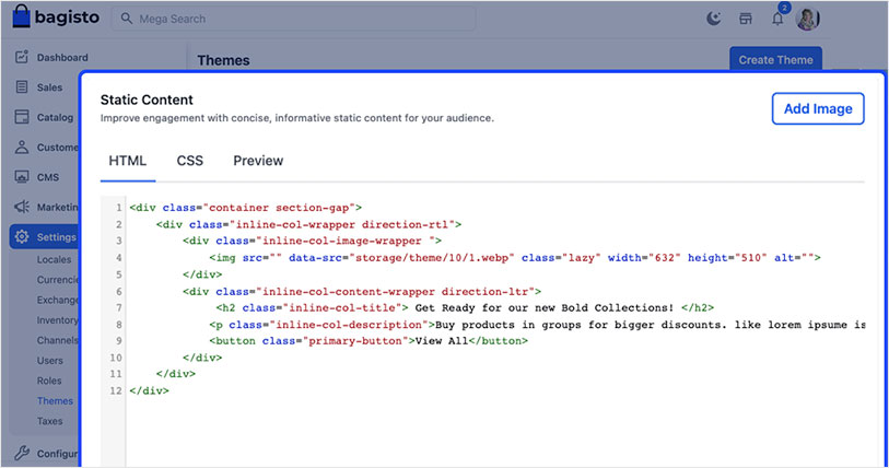 Screenshot of bagisto 2.0 write HTML