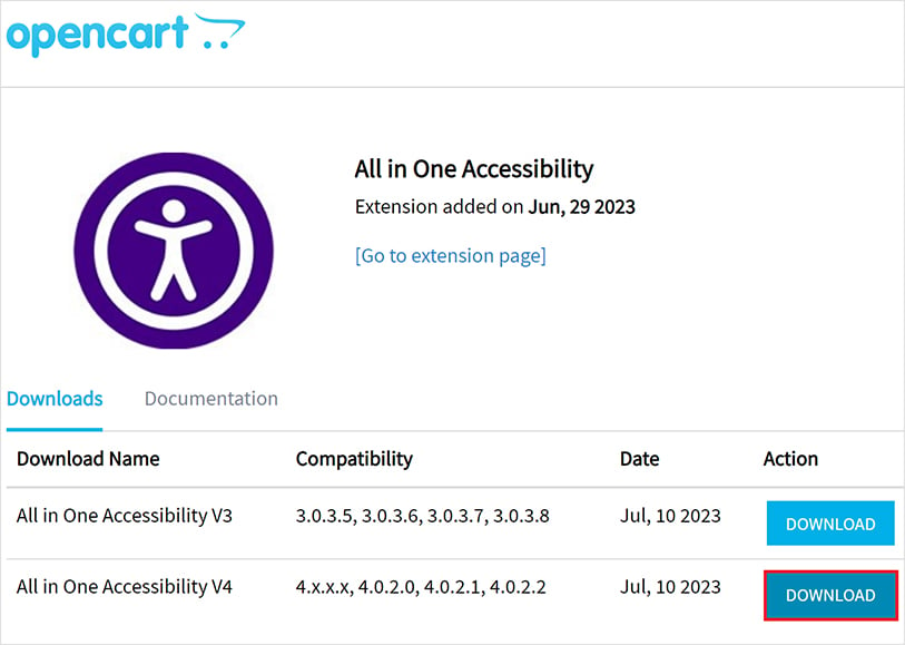 Install OpenCart website accessibility app