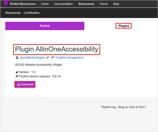 PluXml web accessibility widget installation Guide