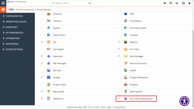 vtiger ada website accessibility