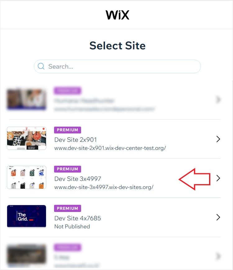 select the wix website on Wix