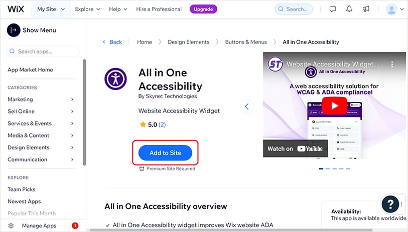 Add All in One Accessibility Plugin on Wix
