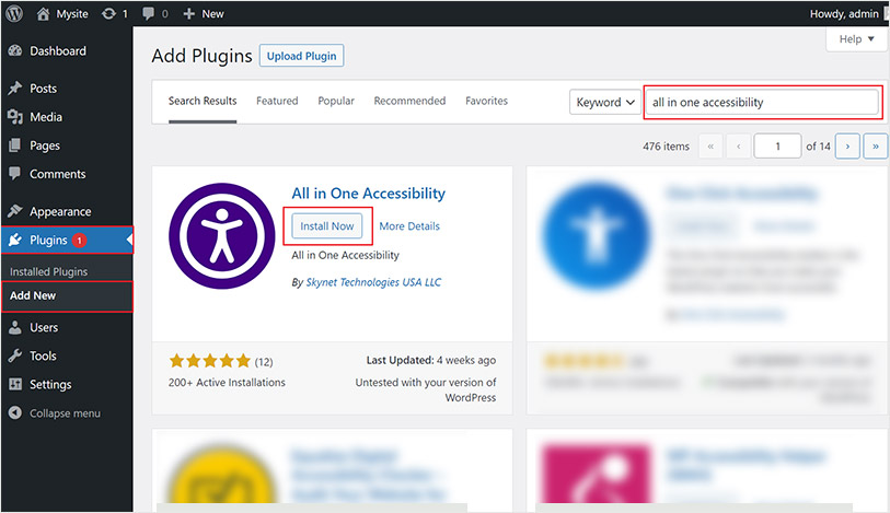 Search and Install All in One Accessibility Plugin on WordPress