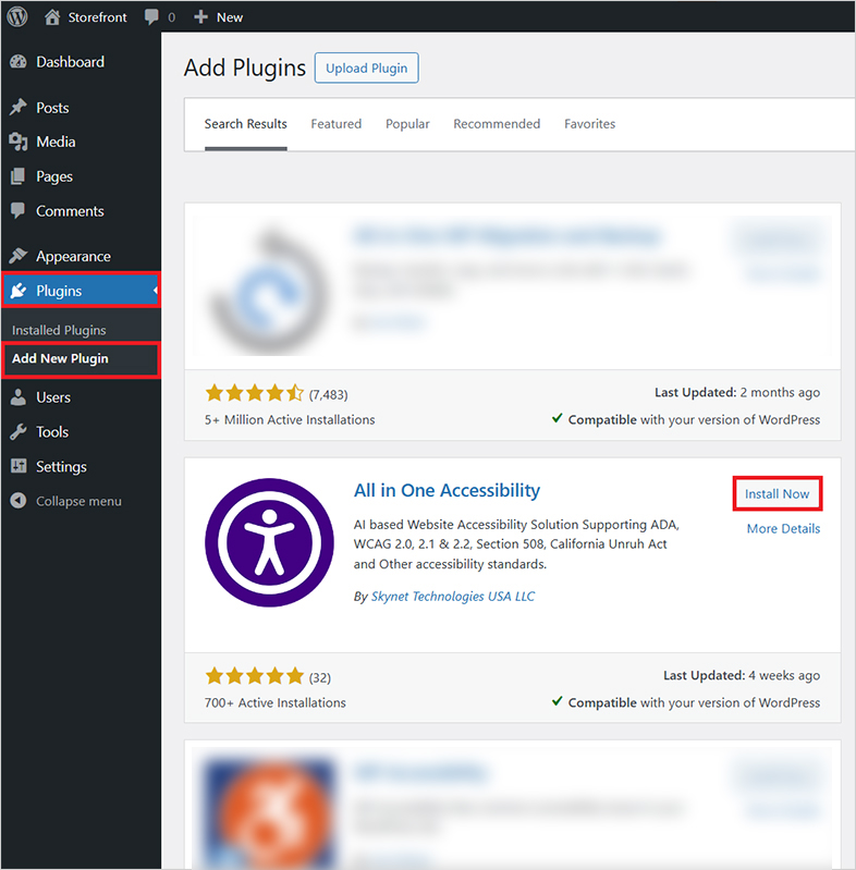 Search and Install All in One Accessibility Plugin on WordPress