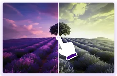 A purple and white screen displays a hand pointing to a slider handle, illustrating a before-and-after slider comparison.