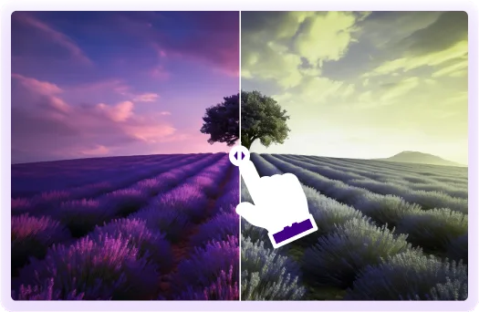 A purple and white screen displays a hand pointing to a slider handle, illustrating a before-and-after slider comparison.
