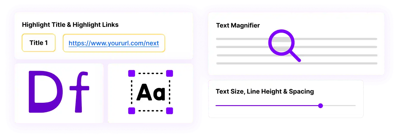 Dashboard showing accessibility tools, including text highlighting, magnifier, font customization, and text size adjustment