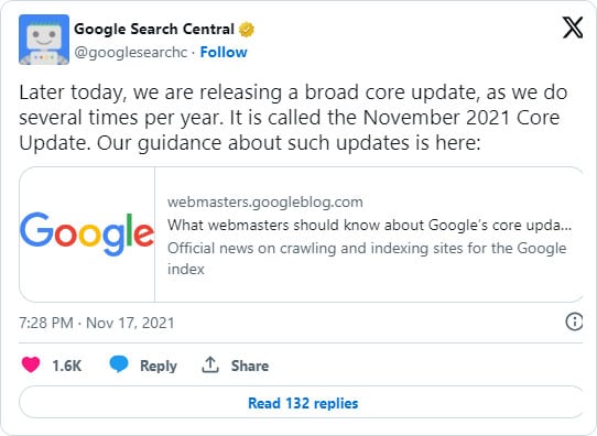 Google search central's announcement post - Visit this post on X