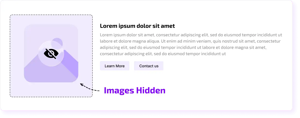 A blurred image placeholder with an eye icon crossed out, indicating hidden content. To the right, lorem ipsum text with 'Learn More' and 'Contact Us' buttons