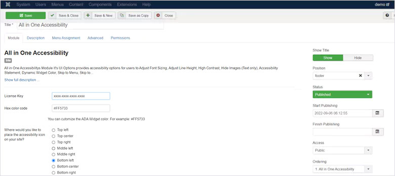 Screenshot of Showing All in One Accessibility Module