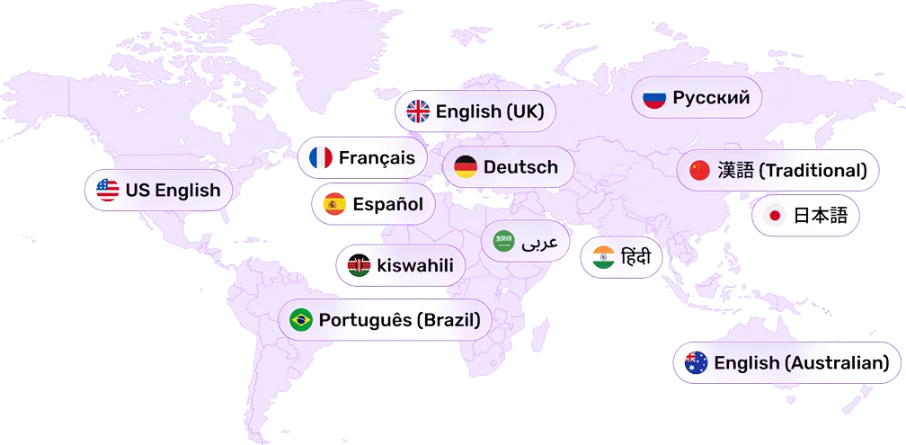 World map highlighting languages globally, including English, French, Spanish, German, Russian, and more, with their flags and text labels