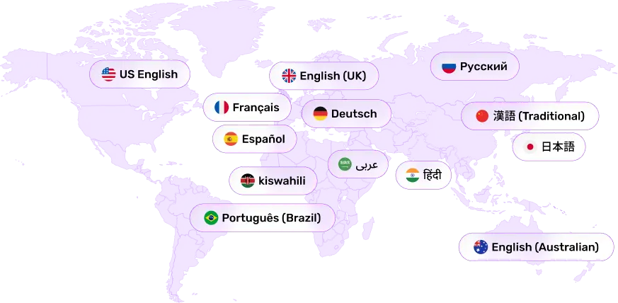 World map highlighting languages globally, including English, French, Spanish, German, Russian, and more, with their flags and text labels