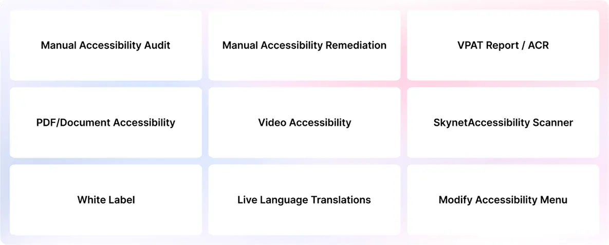 Grid of nine white boxes with black text, featuring accessibility services: audits, remediation, reports, PDFs, videos, scanning, labels, translations, and menu modifications.