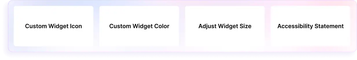 A grid of four boxes: Custom Widget Icon, Custom Widget Color, Adjust Widget Size, and Accessibility Statement, on a gradient background.