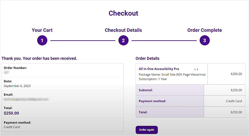 Purchase Complete for All in One Accessibility for dreamhost