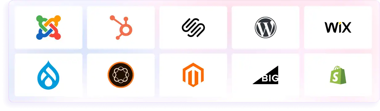Grid of ten logos for web and e-commerce platforms including Joomla, HubSpot, Squarespace, WordPress, Wix, Drupal, Adobe Experience Manager, Magento, BigCommerce, and Shopify