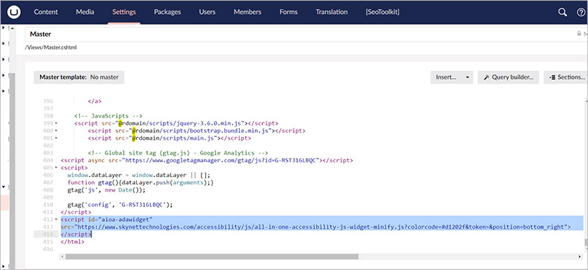 Umbraco adding the widget code to the footer