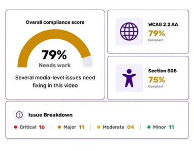 Accessibility checker dashboard showing a 79% compliance score, WCAG 2.2 AA and Section 508 results, and issue breakdown.