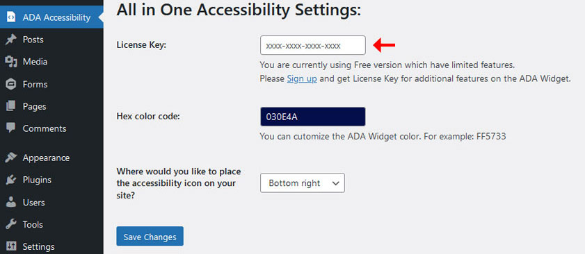 Screenshot of Showing License Key Field