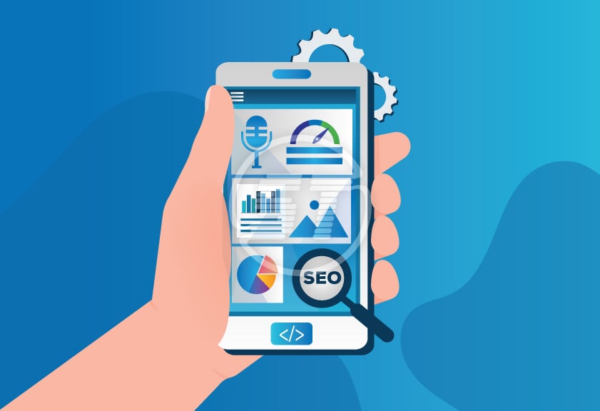 A smartphone displaying a search engine page, emphasizing mobile-first indexing and SEO strategies.
